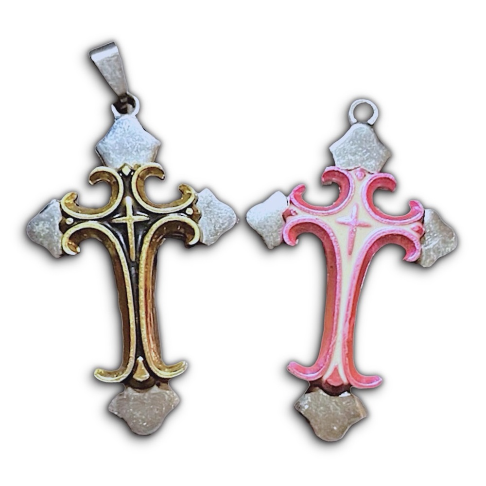 2 Unisex Cross Pendants • Silver Tone Metal Pink Black Gold • Vintage Christian